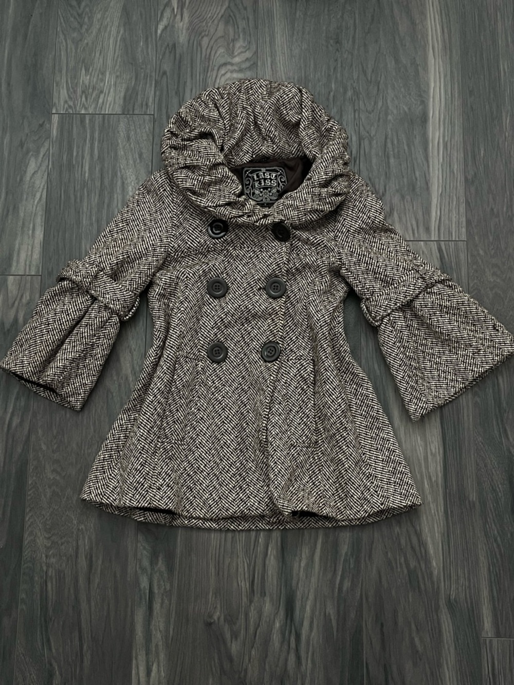 Y2K Last Kiss Herringbone Tweed Peacoat w/ Ruffle Collar | Women